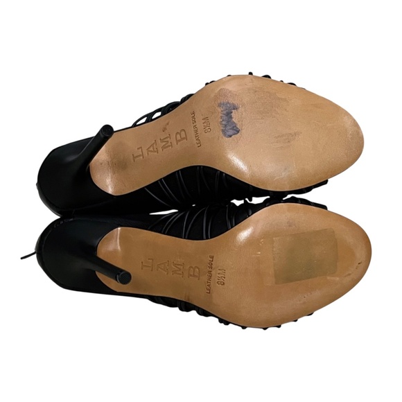 L.A.M.B. Raivyn 8.5 M Black Embossed Textured Caged Strappy Stiletto Heels Shoes - Picture 10 of 13